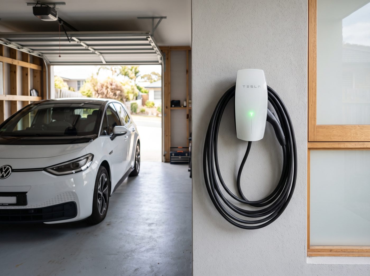 Wall-mounted home EV charger in a garage